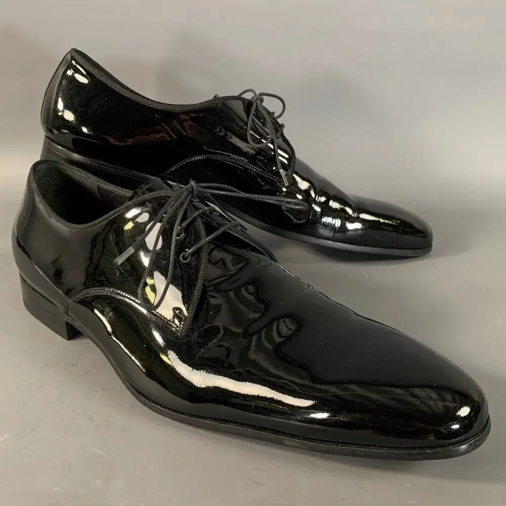 LANVIN Size 11 Black Patent Leather Tuxedo Lace Up Shoes